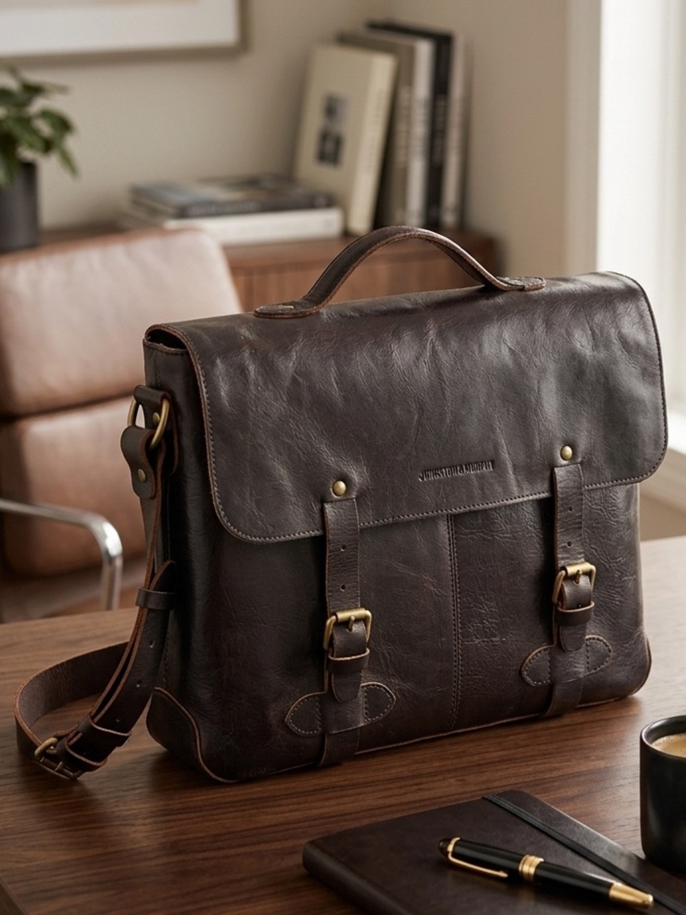 💼 Johnston & Murphy Dark Brown Leather Messenger Briefcase Bag